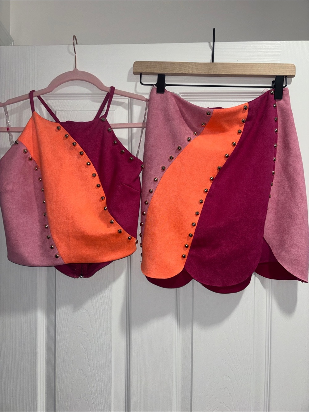 Colorblock Studded Mini Two Piece Top and Skirt in Pink & Orange